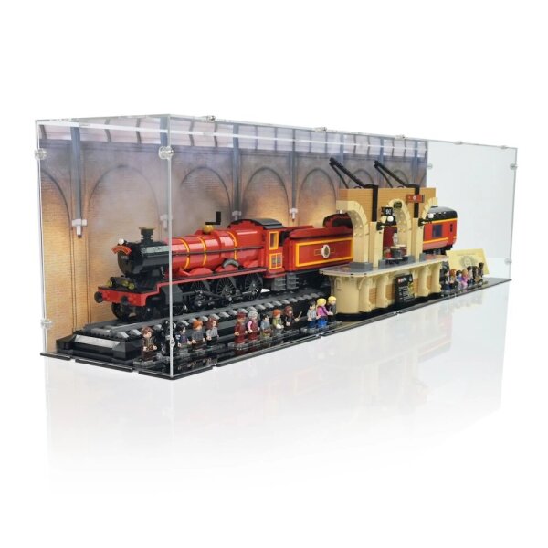 Pr&eacute;sentoir en acrylique pour LEGO&reg; 76405 Harry Potter Poudlard Express &ndash; &Eacute;dition Collector (avec motif de fond et socle noir)
