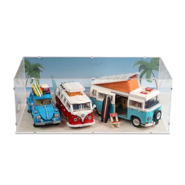 Pr&eacute;sentoir acrylique XXL pour LEGO&reg; 10220/10279/10252 Volkswagen T1/T2 & Beetle (avec image darri&egrave;re-plan - Plage de jour)