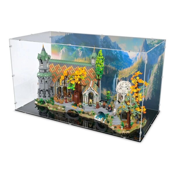 Pr&eacute;sentoir en acrylique pour LEGO&reg; 10316 Le Seigneur des Anneaux : Fondcombe (avec image darri&egrave;re-plan et sol noir)