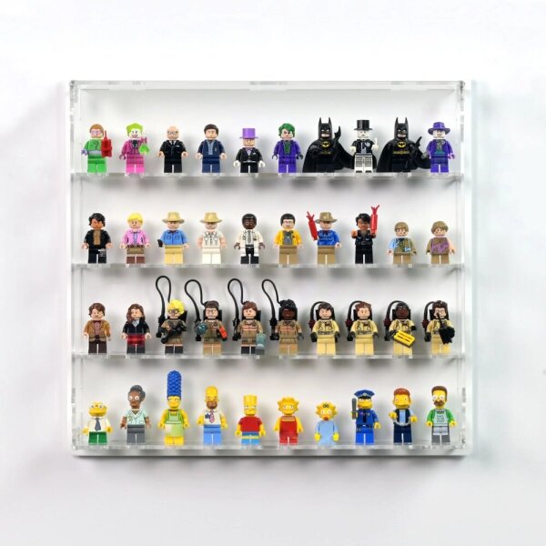 Pr&eacute;sentoir mural en acrylique pour 40 figurines LEGO&reg; (avec fond blanc)
