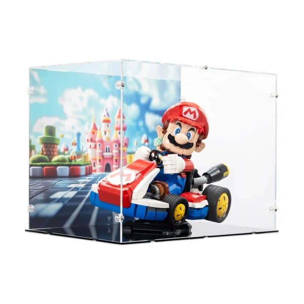 Vitrine en acrylique pour LEGO&reg; 72037 Mario Kart - Mario et Kart standard (image de fond et base noire)
