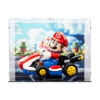 Vitrine en acrylique pour LEGO&reg; 72037 Mario Kart - Mario et Kart standard (image de fond et base noire)