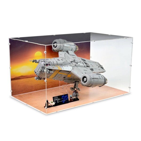 Display acrilico per LEGO&reg; 75331 Star Wars - The Razor Crest (con immagine di sfondo, supporto e base nera)
