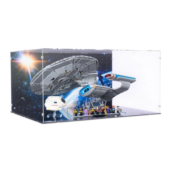 Pr&eacute;sentoir en acrylique pour LEGO&reg; 10356 Star Trek: U.S.S. Enterprise NCC-1701-D (Avec image de fond, base noire et 2 supports)