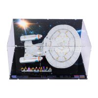 Pr&eacute;sentoir en acrylique pour LEGO&reg; 10356 Star Trek: U.S.S. Enterprise NCC-1701-D (Avec image de fond, base noire et 2 supports)