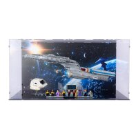 Pr&eacute;sentoir en acrylique pour LEGO&reg; 10356 Star Trek: U.S.S. Enterprise NCC-1701-D (Avec image de fond, base noire et 2 supports)