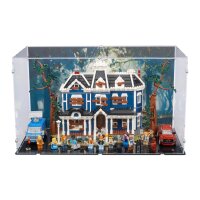 Pr&eacute;sentoir en acrylique pour LEGO&reg; 11370 Stranger Things - la Maison Creel (avec image darri&egrave;re-plan et base noire)