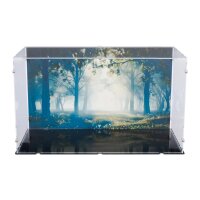 Pr&eacute;sentoir en acrylique pour LEGO&reg; 11370 Stranger Things - la Maison Creel (avec image darri&egrave;re-plan et base noire)