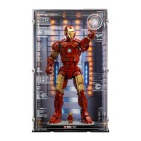 Pr&eacute;sentoir en acrylique pour LEGO&reg; 76344 Iron Man Mark 3 &Eacute;dition Collector (avec image darri&egrave;re-plan et base noire)