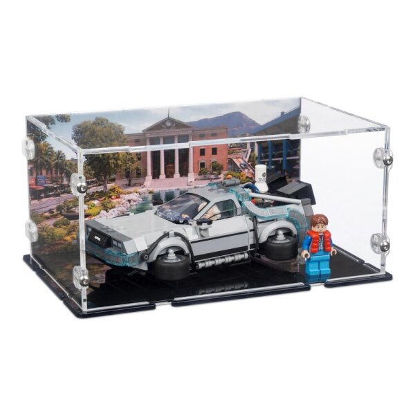 Acryl-Display f&uuml;r LEGO&reg; 77256 Zeitmaschine aus Zur&uuml;ck in die Zukunft (Mit Uhrenturm Hintergrundbild & St&auml;nder f&uuml;r 2 Platzierungsvarianten)