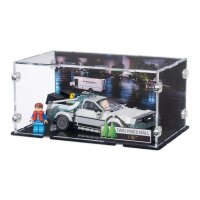 Display in acrilico per LEGO&reg; 77256 Macchina del tempo di Ritorno al futuro (Con immagine di sfondo della Twin Pines Mall e supporto per 2 opzioni di posizionamento)