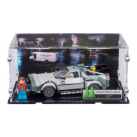 Display in acrilico per LEGO&reg; 77256 Macchina del tempo di Ritorno al futuro (Con immagine di sfondo della Twin Pines Mall e supporto per 2 opzioni di posizionamento)