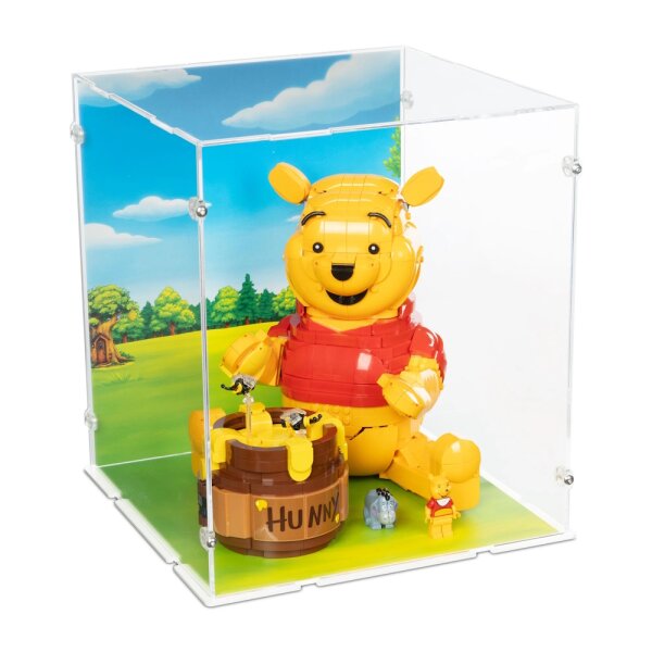 Pr&eacute;sentoir en acrylique pour LEGO&reg; 43300 Winnie lOurson (avec image darri&egrave;re-plan et base blanc)