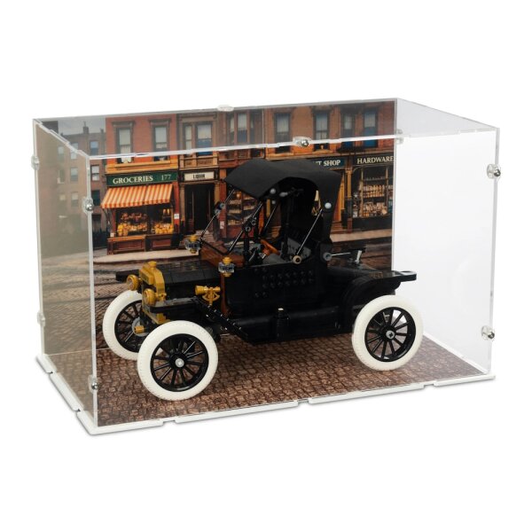 Acryl-Display f&uuml;r LEGO&reg; 11376 Ford Model T (Mit Retro Strassenkulissen Hintergrundbild & Pflasterstein Boden Design)