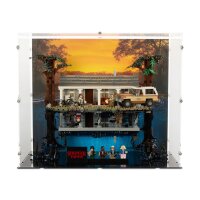 Pr&eacute;sentoir en acrylique pour LEGO&reg; 75810 Stranger Things - La maison dans le monde &agrave; lenvers (avec image darri&egrave;re-plan et base noire)