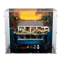 Pr&eacute;sentoir en acrylique pour LEGO&reg; 75810 Stranger Things - La maison dans le monde &agrave; lenvers (avec image darri&egrave;re-plan et base noire)