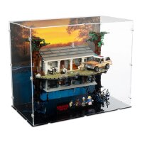 Pr&eacute;sentoir en acrylique pour LEGO&reg; 75810 Stranger Things - La maison dans le monde &agrave; lenvers (avec image darri&egrave;re-plan et base noire)