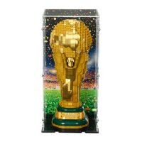 Pr&eacute;sentoir en acrylique pour LEGO&reg; 43020 Troph&eacute;e officiel de la Coupe du monde de la FIFA  (avec image darri&egrave;re-plan et base noire)