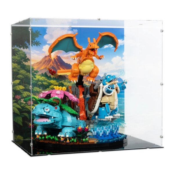 Acryl-Display f&uuml;r LEGO&reg; 72153 Pok&eacute;mon Bisaflor, Glurak und Turtok  (Mit Hintergrundbild & schwarzem Boden)