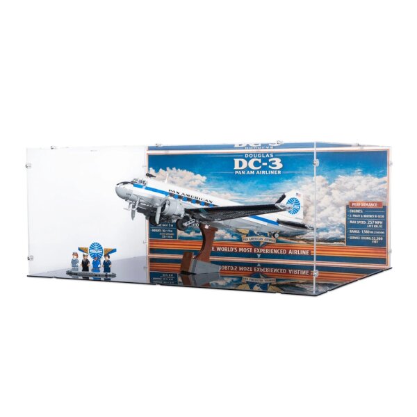 Acrylic display for LEGO&reg; 11378 Douglas DC-3 PAN AM Airliner (With background image & black base)