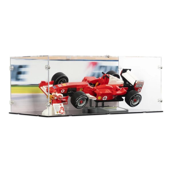 Acryl-Display f&uuml;r LEGO&reg; 11375 Ferrari F2004 & Michael Schumacher (Mit Hintergrundbild & schwarzem Boden)