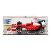 Acryl-Display f&uuml;r LEGO&reg; 11375 Ferrari F2004 & Michael Schumacher (Mit Hintergrundbild & schwarzem Boden)