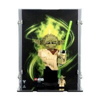 Pr&eacute;sentoir en acrylique pour LEGO&reg; 75438 Star Wars - Le buste de Yoda (avec image darri&egrave;re-plan et base noire)