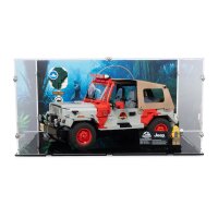 Pr&eacute;sentoir en acrylique pour LEGO&reg; 77984 Jurassic Park Jeep Wrangler (avec image darri&egrave;re-plan et base noire)