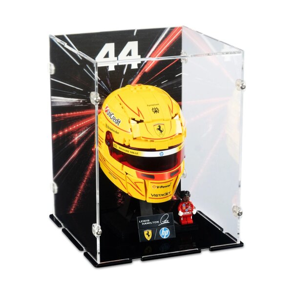 Display in acrilico per LEGO&reg; 43022 Casco di Lewis Hamilton Scuderia Ferrari HP (con immagine di sfondo e base nera)