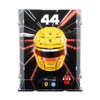 Display in acrilico per LEGO&reg; 43022 Casco di Lewis Hamilton Scuderia Ferrari HP (con immagine di sfondo e base nera)