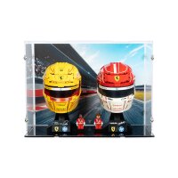 Acryl-Display f&uuml;r 2 x LEGO&reg; F1 Helme (Mit Hintergrundbild & schwarzem Boden)