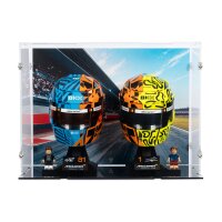 Acryl-Display f&uuml;r 2 x LEGO&reg; F1 Helme (Mit Hintergrundbild & schwarzem Boden)