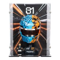 Acryl-Display f&uuml;r LEGO&reg; 43014 McLaren Mastercard F1 Team Oscar Piastri Helm (Mit Hintergrundbild & schwarzem Boden)