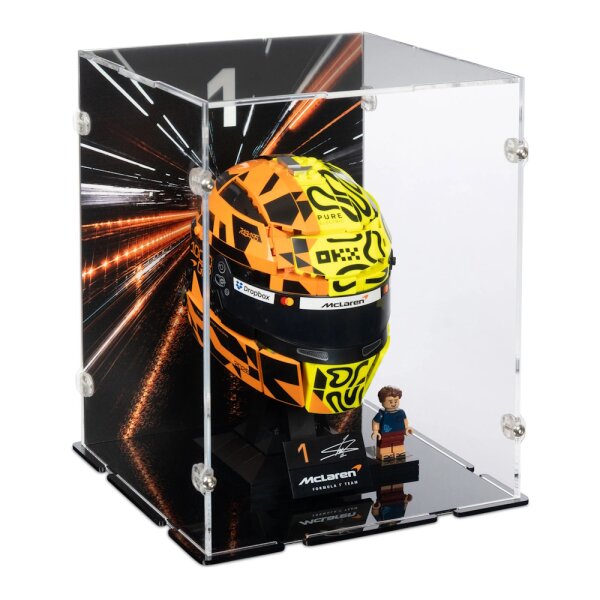 Pr&eacute;sentoir en acrylique pour LEGO&reg; 43023 McLaren Mastercard F1 Team Casque de Lando Norris (avec image darri&egrave;re-plan et base noire)
