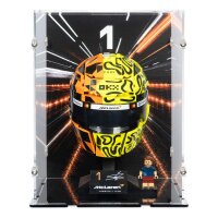 Pr&eacute;sentoir en acrylique pour LEGO&reg; 43023 McLaren Mastercard F1 Team Casque de Lando Norris (avec image darri&egrave;re-plan et base noire)