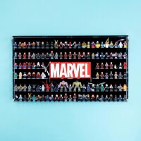 Display da parete in acrilico per 128 minifigure LEGO&reg; Marvel e logo Marvel 76313 (con sfondo nero)