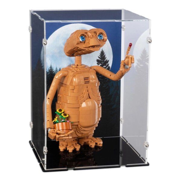 Pr&eacute;sentoir en acrylique pour LEGO&reg; 21370 E.T. the Extra-Terrestrial  (Avec image de fond et base noire)