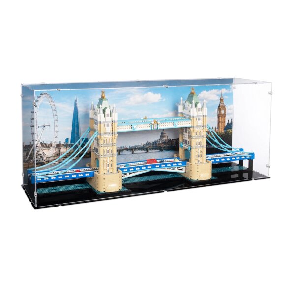 Pr&eacute;sentoir en acrylique pour LEGO&reg; 21067 Tower Bridge (Avec image de fond et base noire)