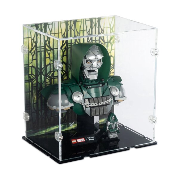 Display in acrilico per LEGO&reg; 76345 Busto del Dottor Destino  (con immagine di sfondo e base nera)